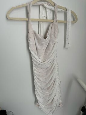 Lucy In The Sky White Ruched Halter Dress with Rhinestone Detail XS